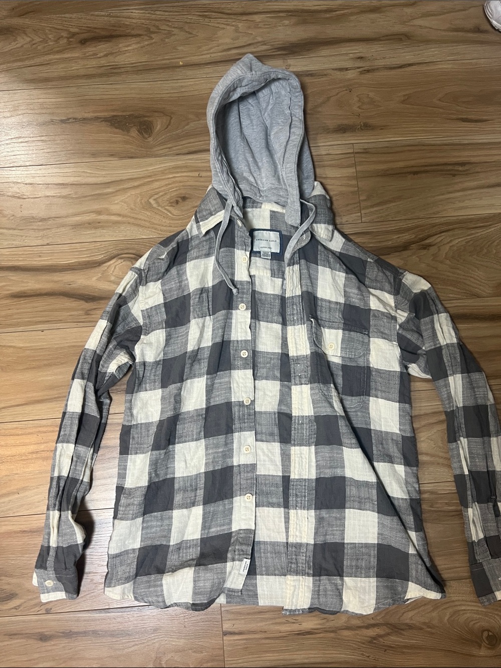 American Eagle Gray & Cream Plaid Hooded Flannel Shirt